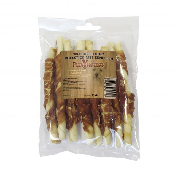 Rollsticks met Eend 13cm Wit Buffelhuid