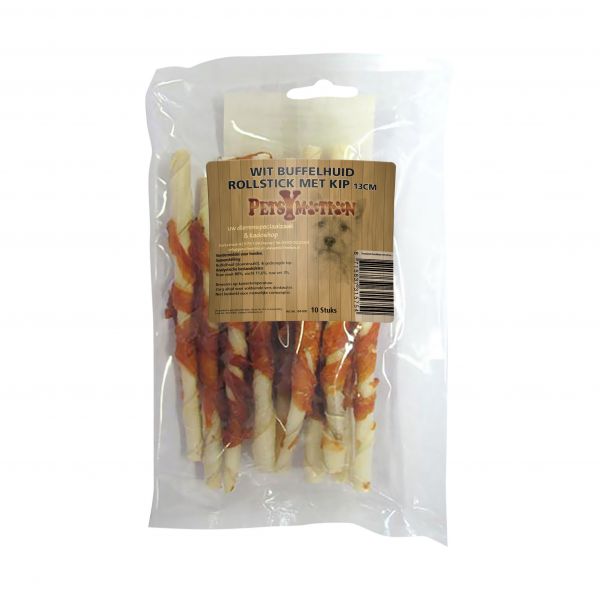 Rollsticks met Kip 13cm wit Buffelhuid