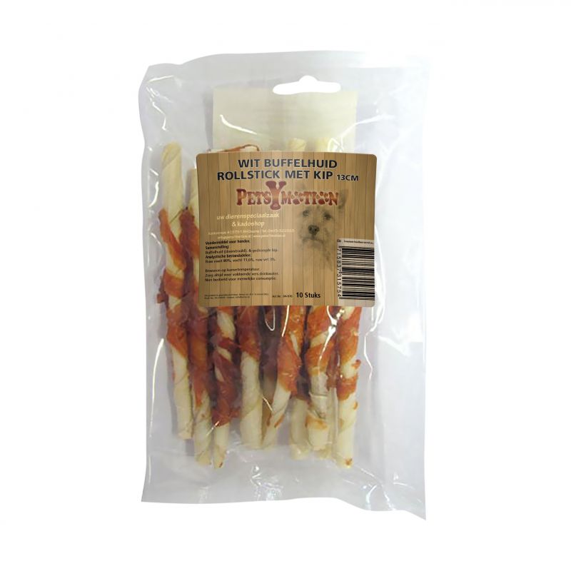 Rollsticks met Kip 13cm wit Buffelhuid